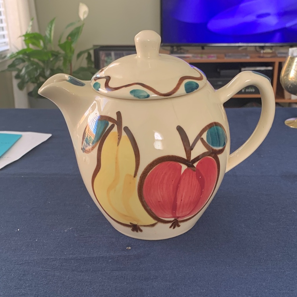 Large. Vintage Hand-Painted Ceramic Teapot with Fruit Design.